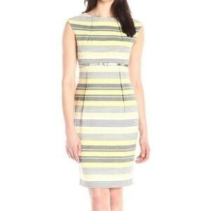 Calvin Klein Size 4 Yellow & Grey Stripped Sheath Midi Dress